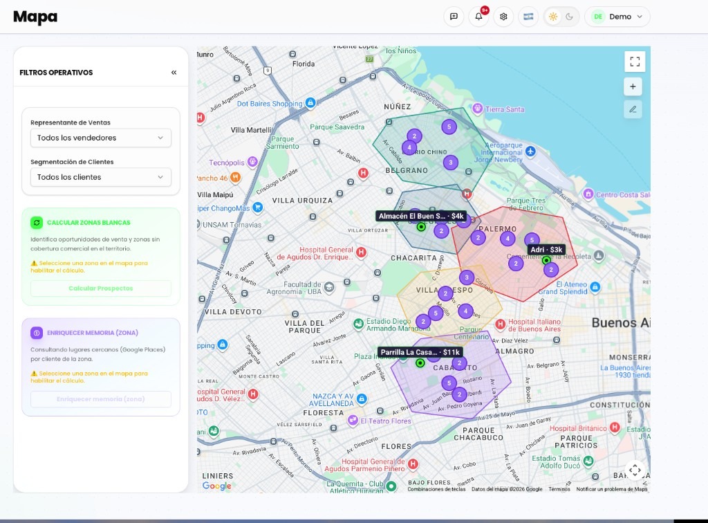 Mapa de zonas de venta en Buenos Aires, con comercios marcados y el panel para calcular zonas blancas y buscar prospectos