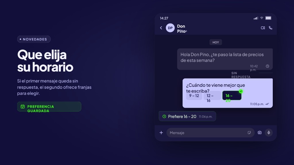 Segundo mensaje de WhatsApp con franjas horarias para que el contacto elija cuándo le escriban