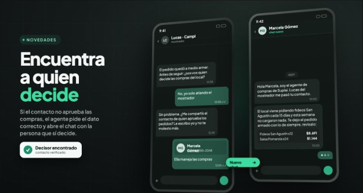El agente pide el dato de quien aprueba las compras y abre el chat con la persona que sí decide
