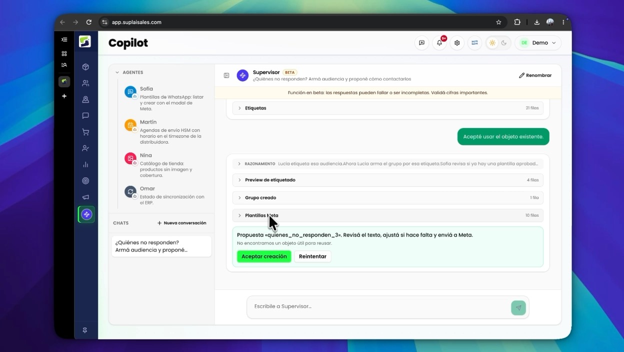 Copiloto de Suplai con el Supervisor coordinando audiencia, plantilla de WhatsApp y agenda de envío para clientes que no responden